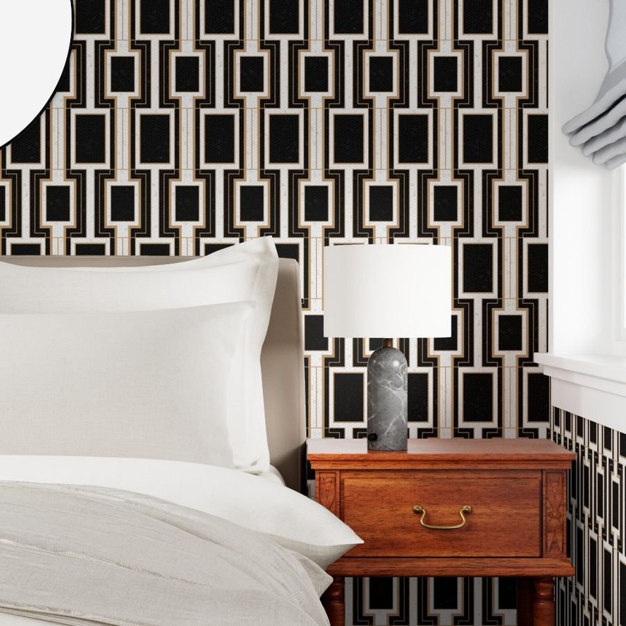 Small Art Deco Geometric Rectangles in Cracked Black and Faux Gold Wallpaper black and gold wallpaper