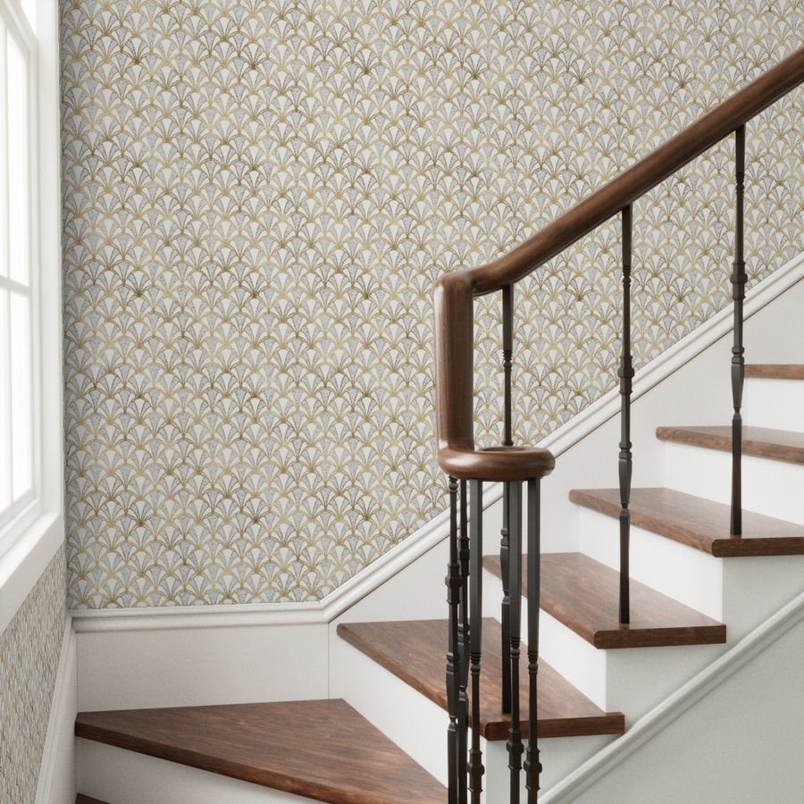 Crackled Cream Scallop Shells in Off White with Gold Art Deco Vintage Wallpaper art deco wallpaper