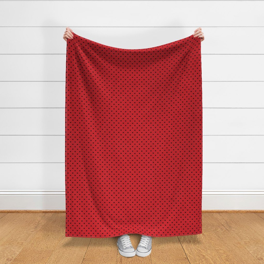 Mini Black Valentines Polkadot Love Hearts on Poppy Red Background Fabric black fabric