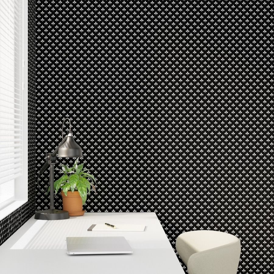 Small White French Fleur de Lis on Black Wallpaper black and white wallpaper