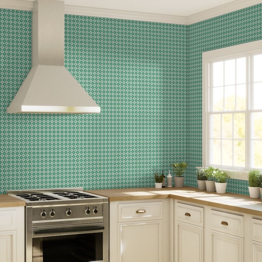 Kelly and White Gingham Check with Center Shamrock Medallions in Wallpaper kelly and white wallpaper
