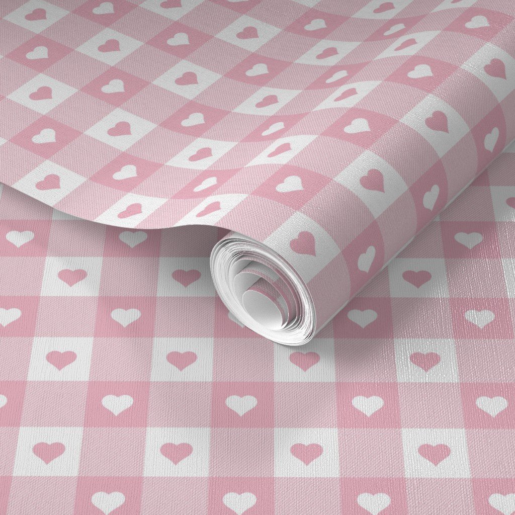 Cotton Candy and White Gingham Valentines Check with Center Heart Wallpaper cotton candy and whi wallpaper