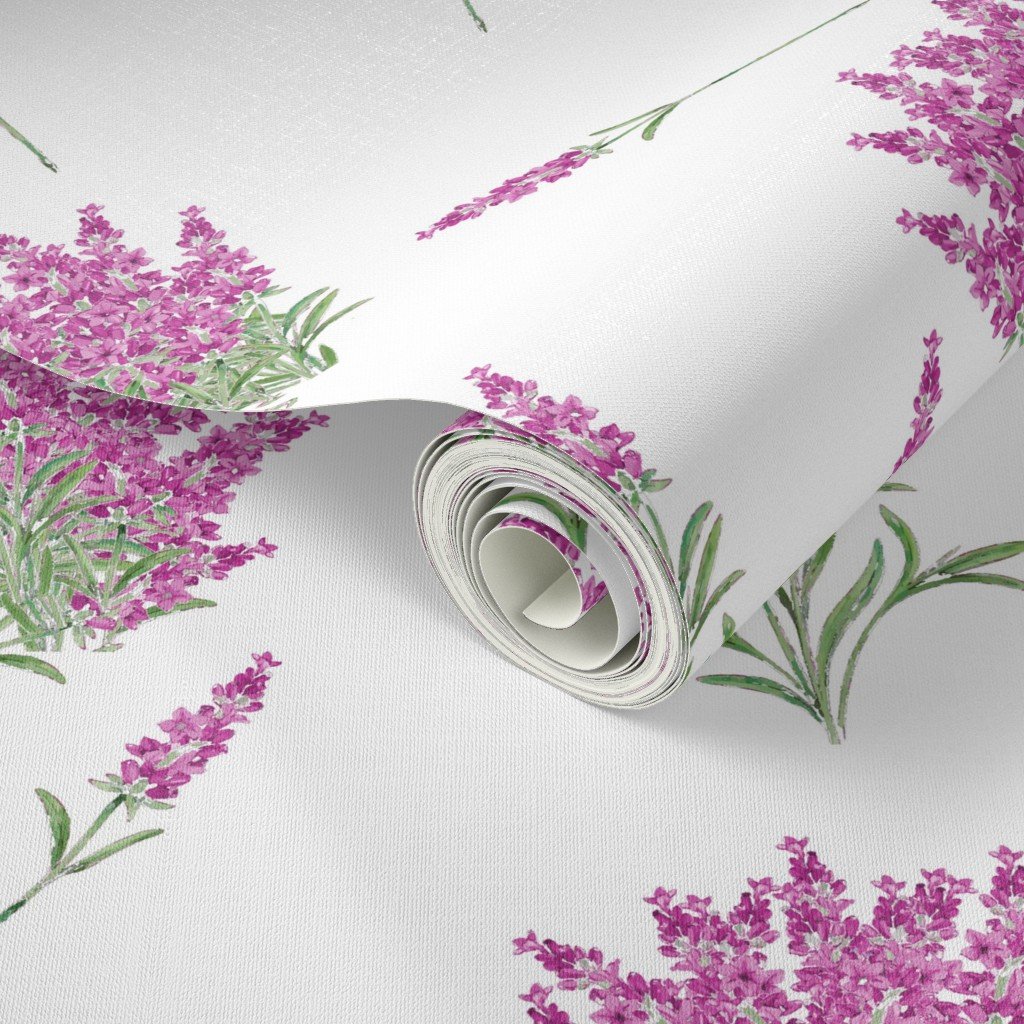 Pink Floral Sprig on White Wallpaper lavender bush wallpaper