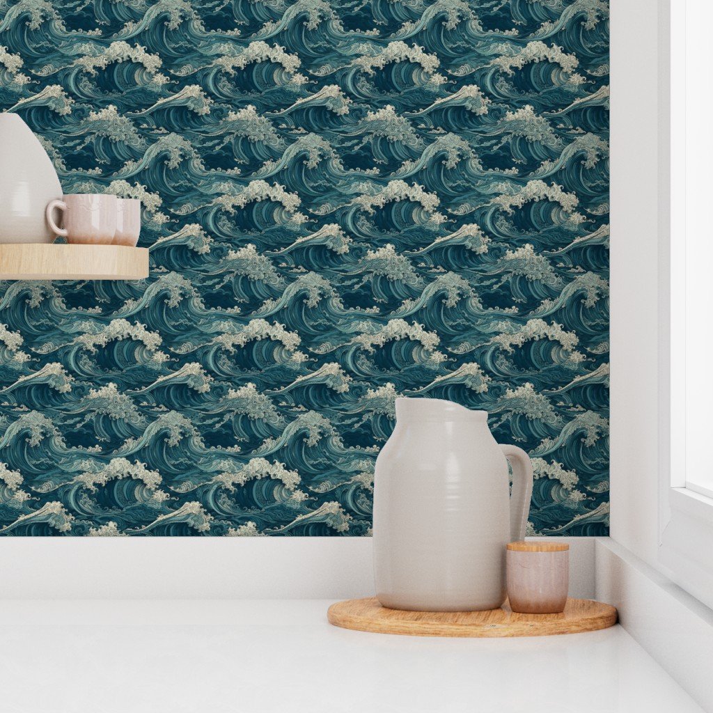 Japanese Woodcut Big Tsunami Waves in Shades of Blue Wallpaper big wave wallpaper