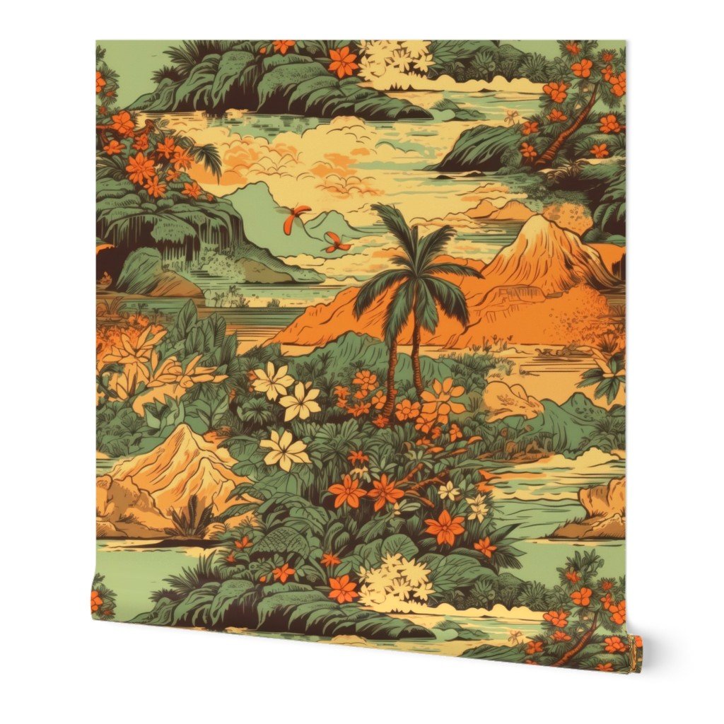 Vintage Hawaiian Landscape Green Wallpaper green landscape wallpaper