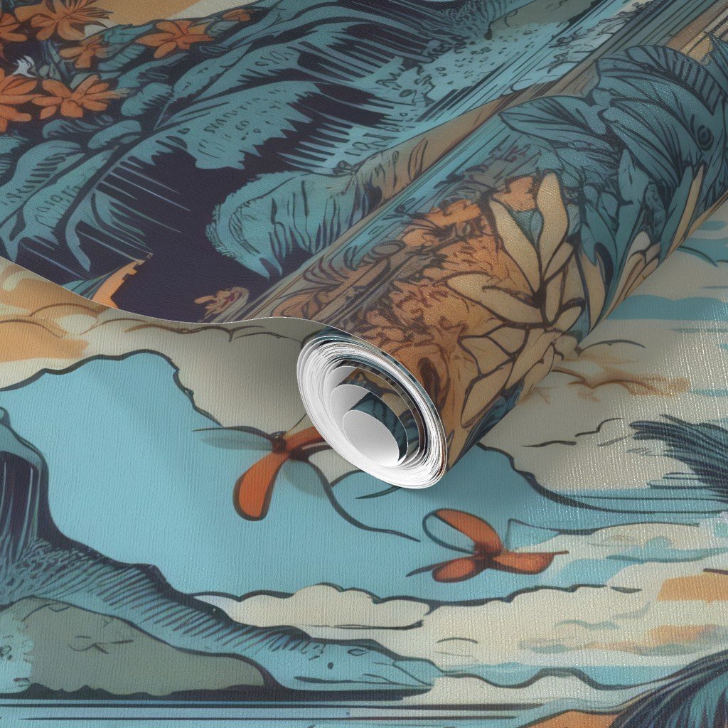 Vintage Hawaiian Landscape Blue Wallpaper blue landscape wallpaper