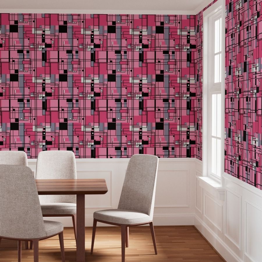 De Stijl Geometric Color Pattern in Pink Wallpaper art deco wallpaper