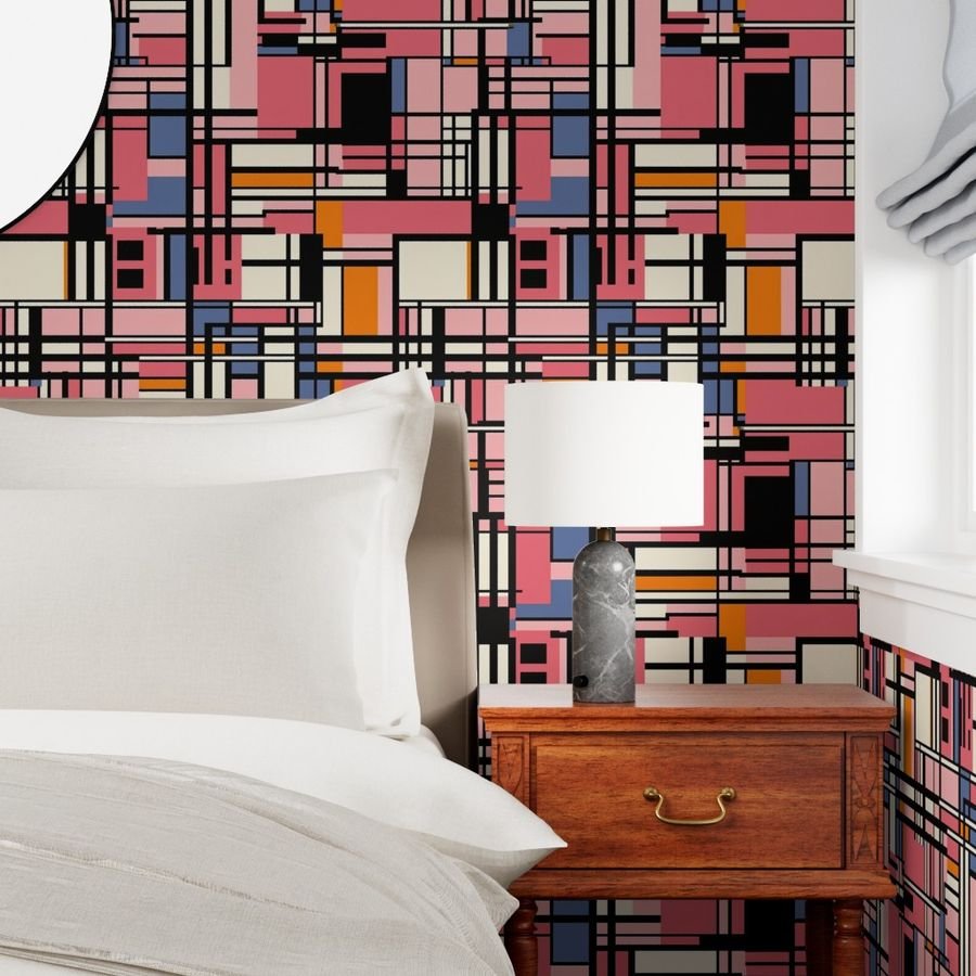 De Stijl Geometric Color Pattern in Pink Wallpaper art deco wallpaper