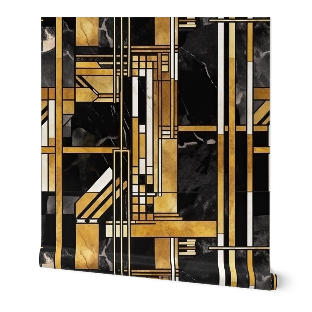 De Stijl Geometric Art Deco Pattern in Black and Gold Wallpaper art deco wallpaper