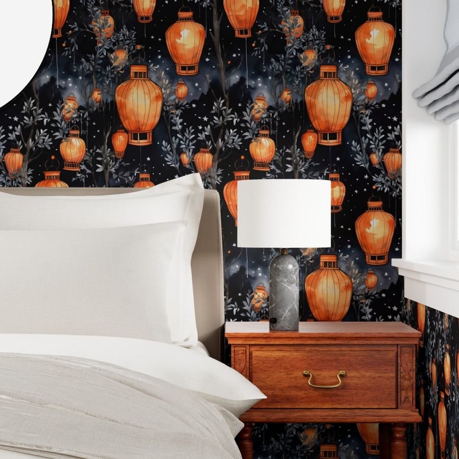 Orange Glowing Chinese Paper Lanterns Watercolor Wallpaper chinese rice paper wallpaper