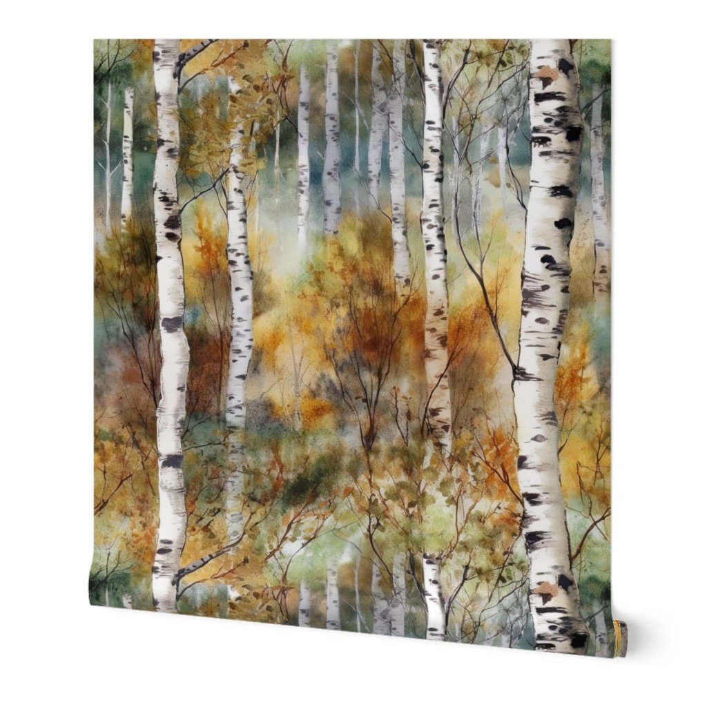 Endless Birch Tree Dreamscape Trees in Misty Forest Watercolor Wallpaper birch forest wallpaper