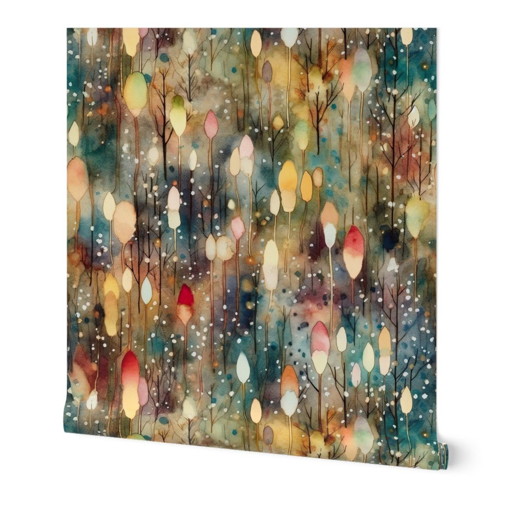 Watercolor Christmas Tree Farm with Christmas Lights Wallpaper christmas holidays wallpaper