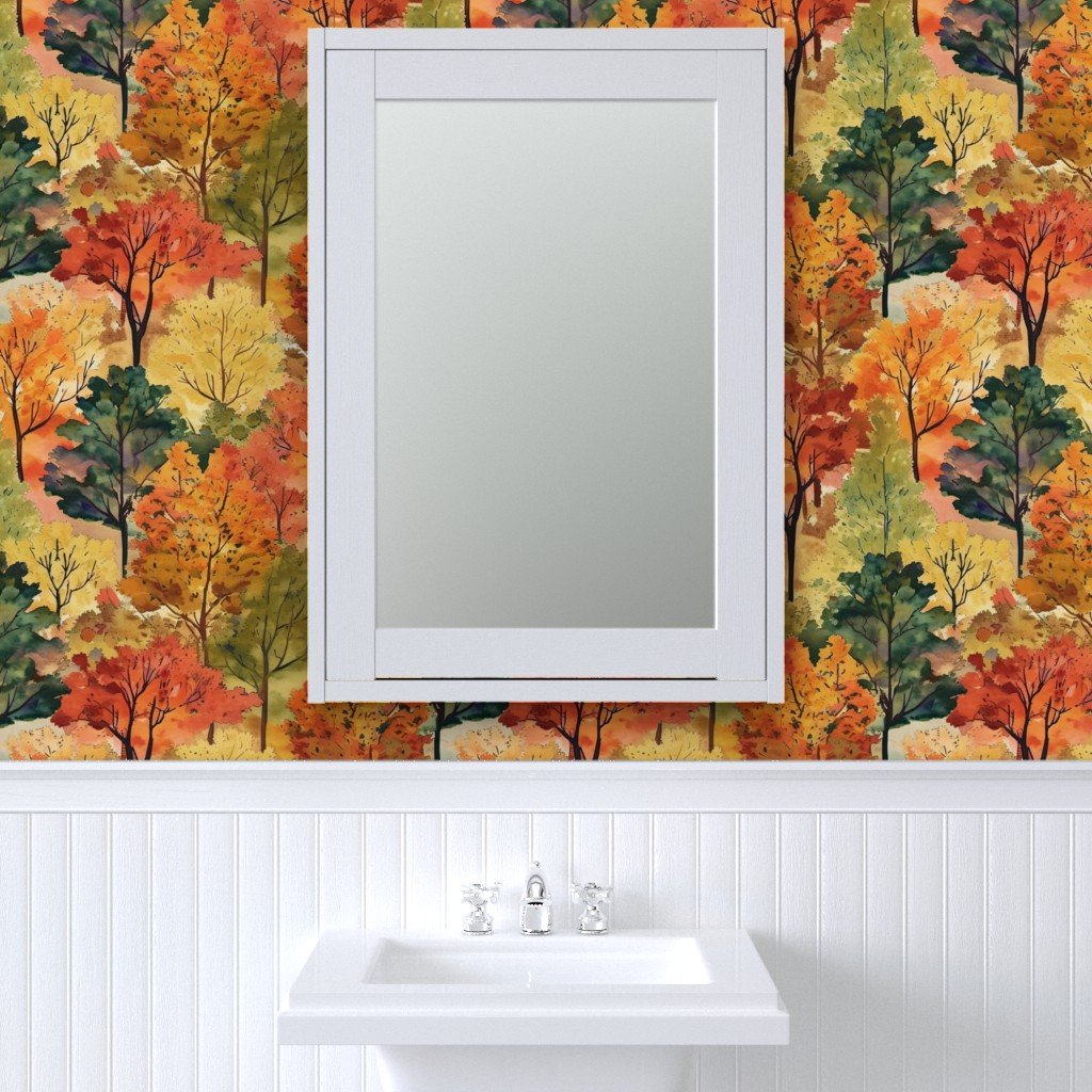 Watercolor of New England Endless Forest Fall Trees Wallpaper autumnal garden wallpaper