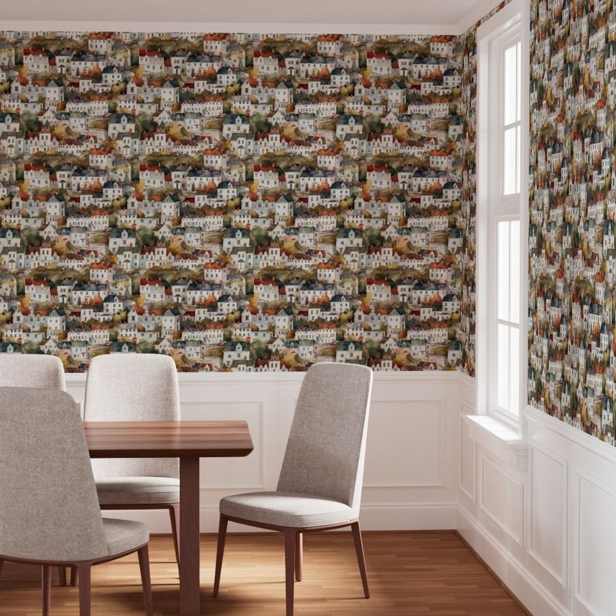 English Town Houses in Watercolor Wallpaper english town wallpaper