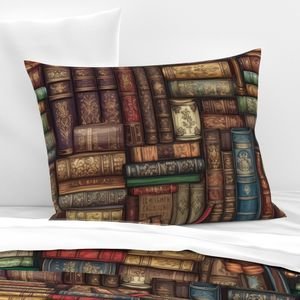 Stacked Bound Vintage Books on Library Book Shelf Decor Collection Home Decor Collection stacked books pillow sham design