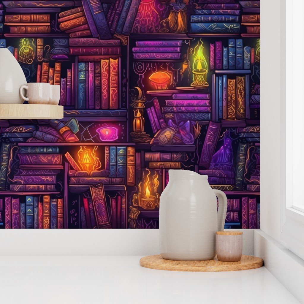 Witch Spooky Neon Halloween Books on Library Spell Book Shelf Wallpaper halloween books wallpaper