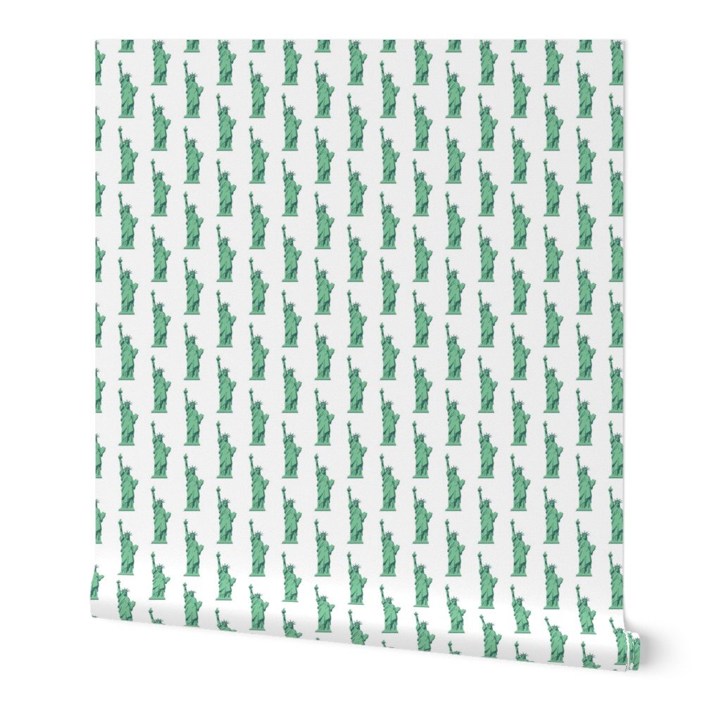 Mini Lady Liberty Statues Repeat in Beguiling Green on White Wallpaper beguiling green wallpaper