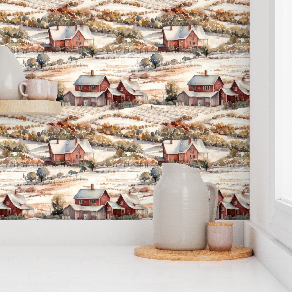 Winter Snowy Farm Landscape Watercolor Wallpaper farm houses wallpaper