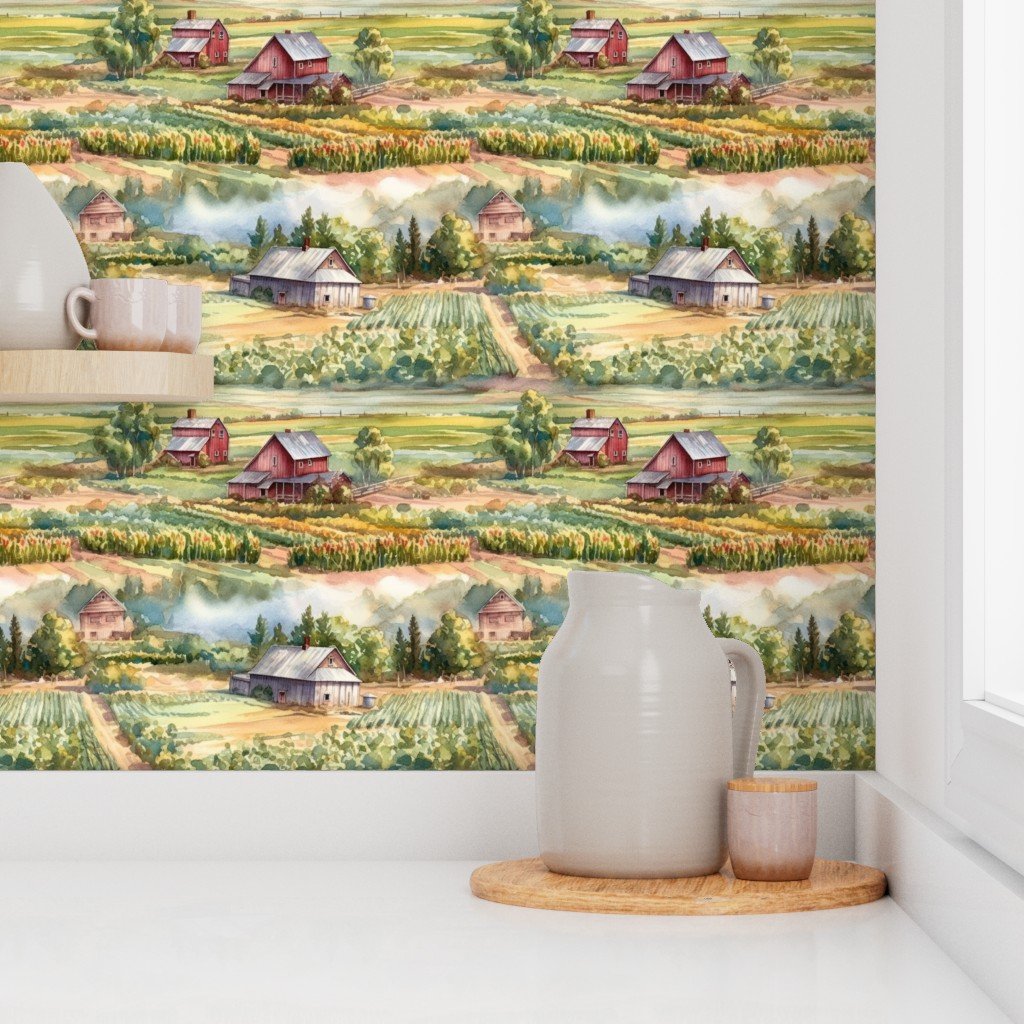Summer Farm Landscape Watercolor Wallpaper farm houses wallpaper