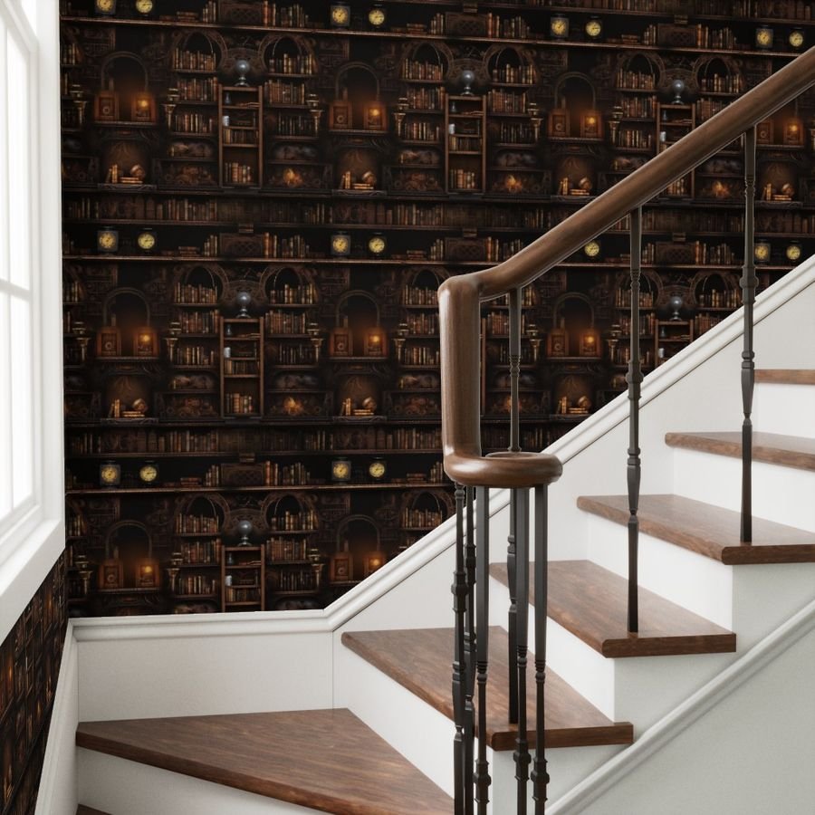 Spooky Photo realistic Dark Academia Stampunk Bookshelves in Muted Wallpaper dark academmia wallpaper