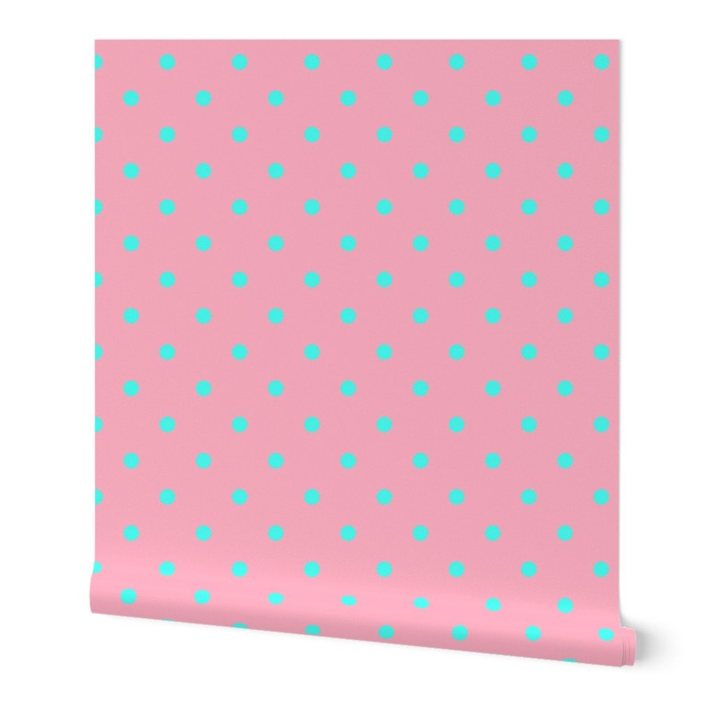 Large Polka Dots in South Beach Aqua Blue on Palm Beach Pink Wallpaper aqua blue wallpaper