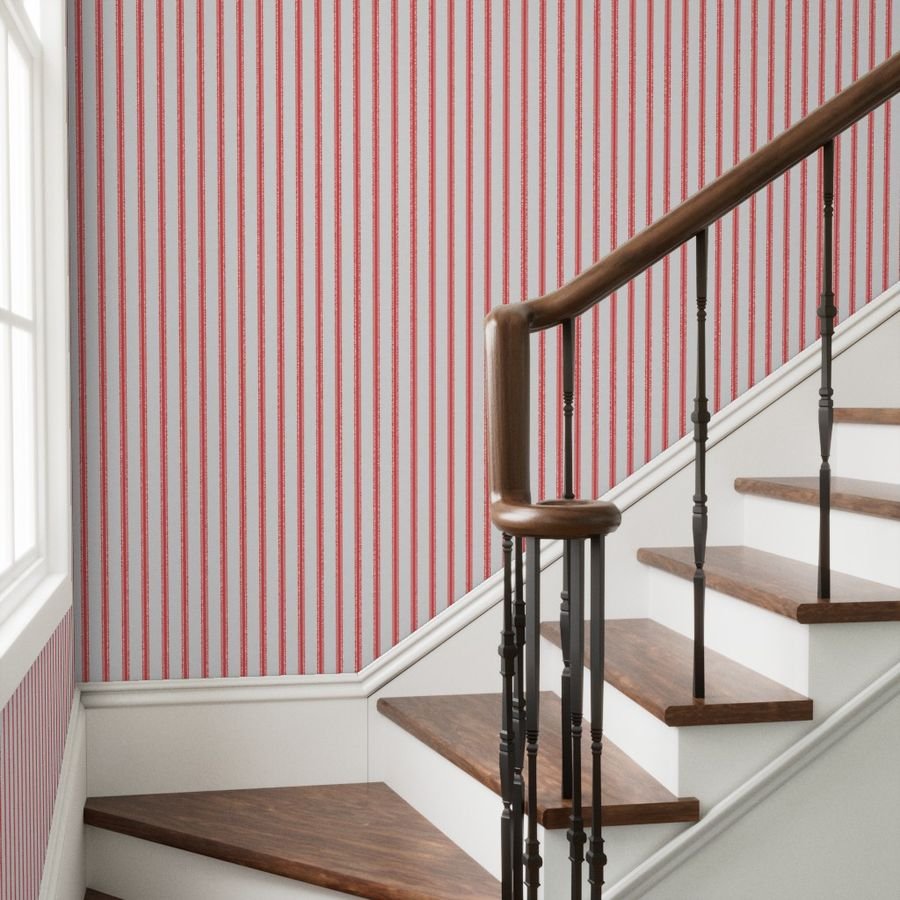 Distressed Vintage Scarlet Red Mattress Ticking with Two Inch Wallpaper 2 inch ticking wallpaper