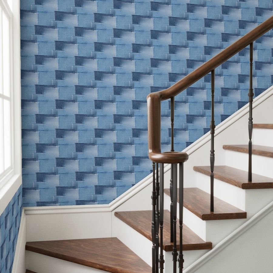 Abstract Patchwork Pattern of Frayed and Fringed Patches of Blue Wallpaper blue denim wallpaper