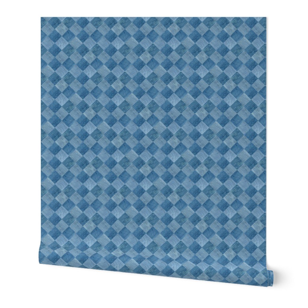 2 inch Diagonal Light and Dark Blue Stained Wood Checkerboard Chess Wallpaper blue tiles wallpaper