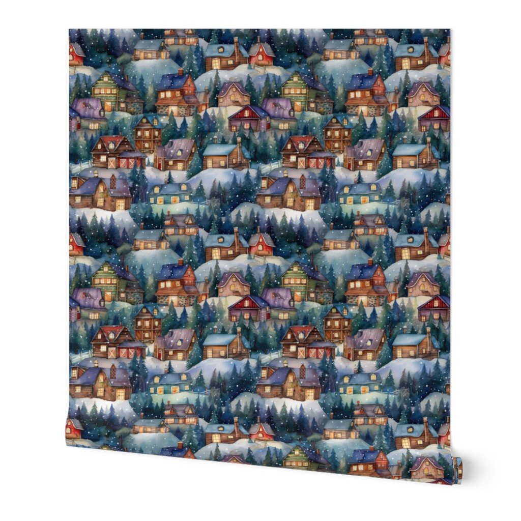Small Christmas Rustic Country Winter Cabins Watercolor Home Decor Collection Decor Collection rustic village wallpaper