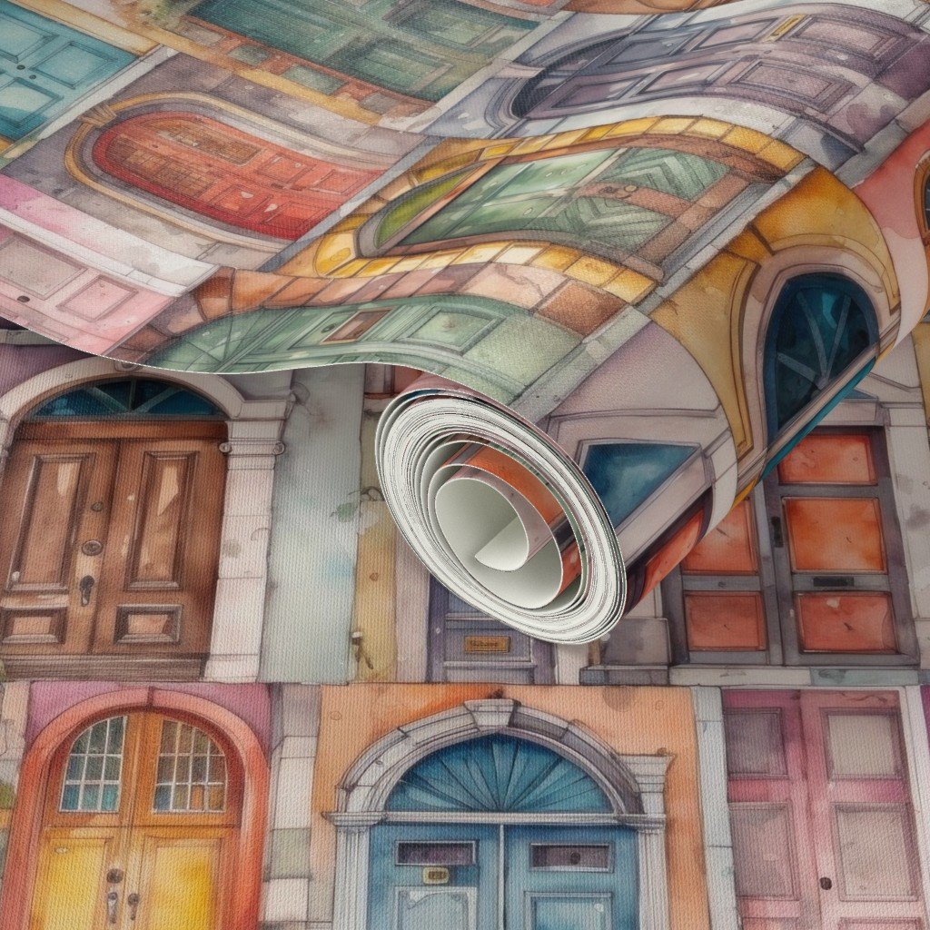 Architectural Doors in Multicolor Watercolors Wallpaper door windows wallpaper