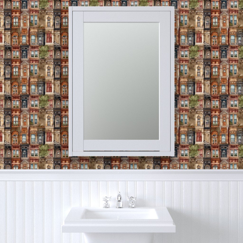 Brownstone Buildings in Varied Tones of Brown Watercolor Wallpaper bay windows wallpaper
