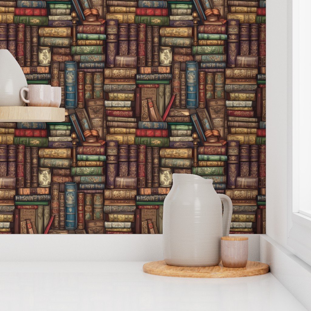 Small Stacked Bound Vintage Books on Library Book Shelf Wallpaper leather books wallpaper