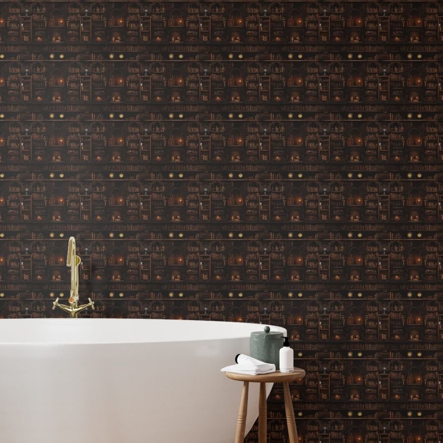 Spooky Photo realisticSmall Dark Academia Stampunk Bookshelves in Wallpaper dark academmia wallpaper