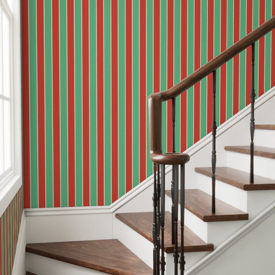 3 Inch Red Vermillion Green and Yellow Gold Vintage Christmas Stripe Wallpaper cabana stripes wallpaper