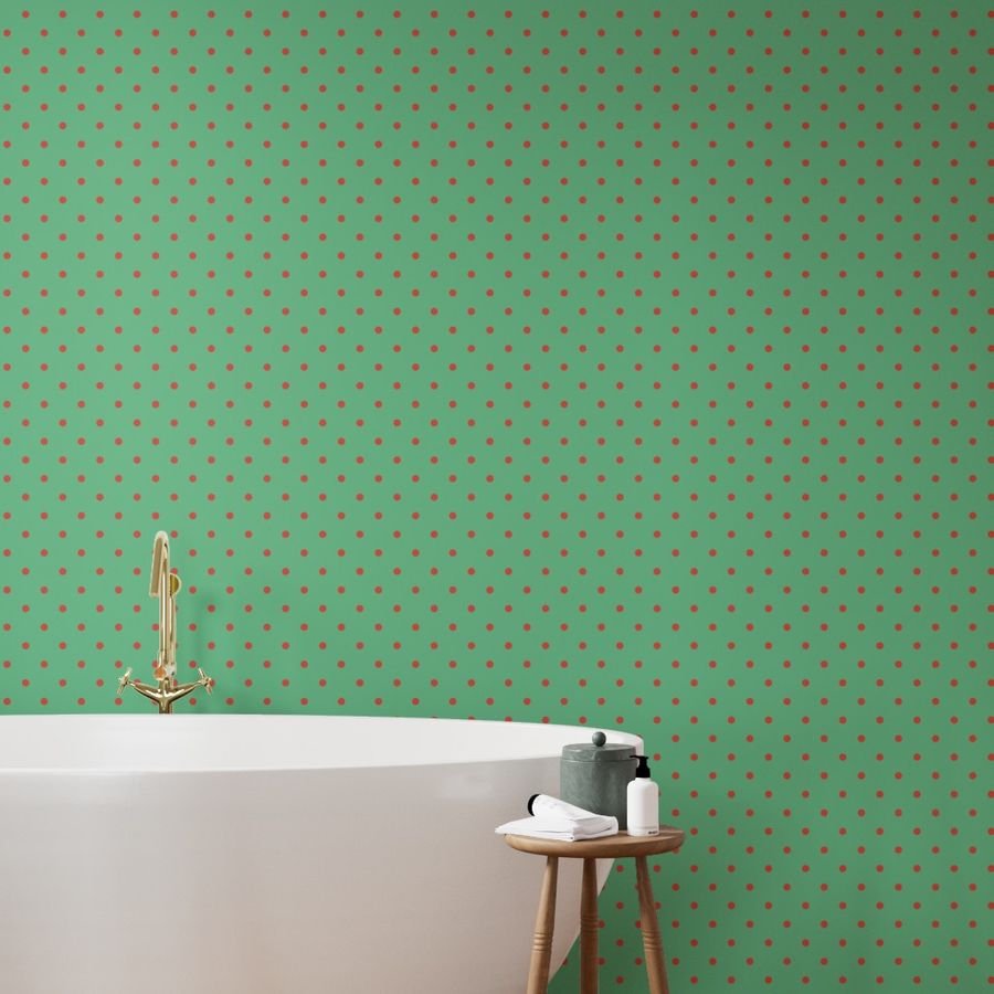 Red Vermillion Polka Dots on Vintage Christmas Green Wallpaper gold yellow gold sp wallpaper
