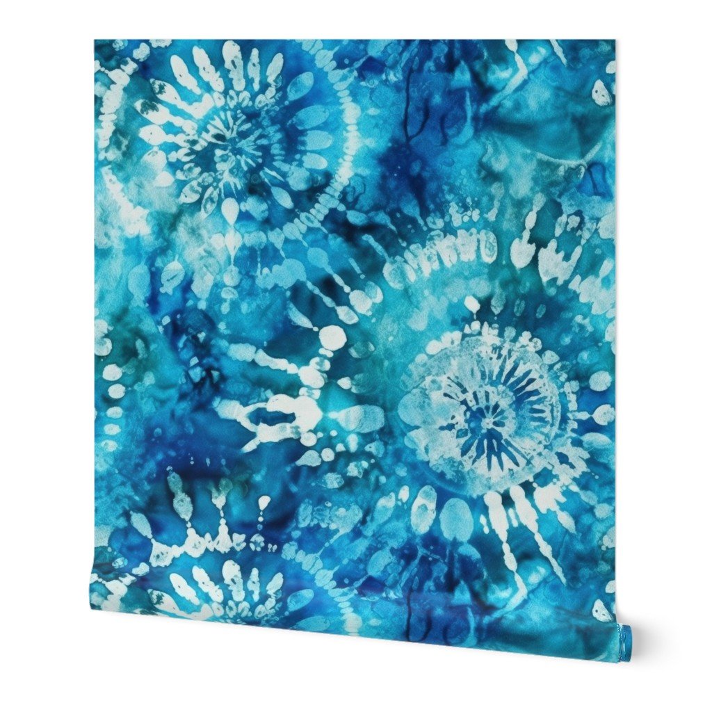 Jumbo Tie Dye Batik in Bright Blue Circling Swirls on Teal Wallpaper boho dye wallpaper