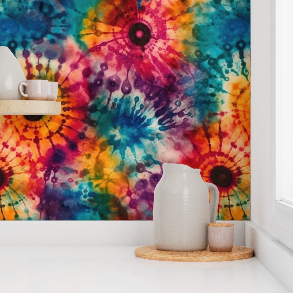 Jumbo Tie Dye Batik in Bright Multi Rainbow Colors Circling Swirls Interior Collection Home Styling Collection multi tie-dye wallpaper