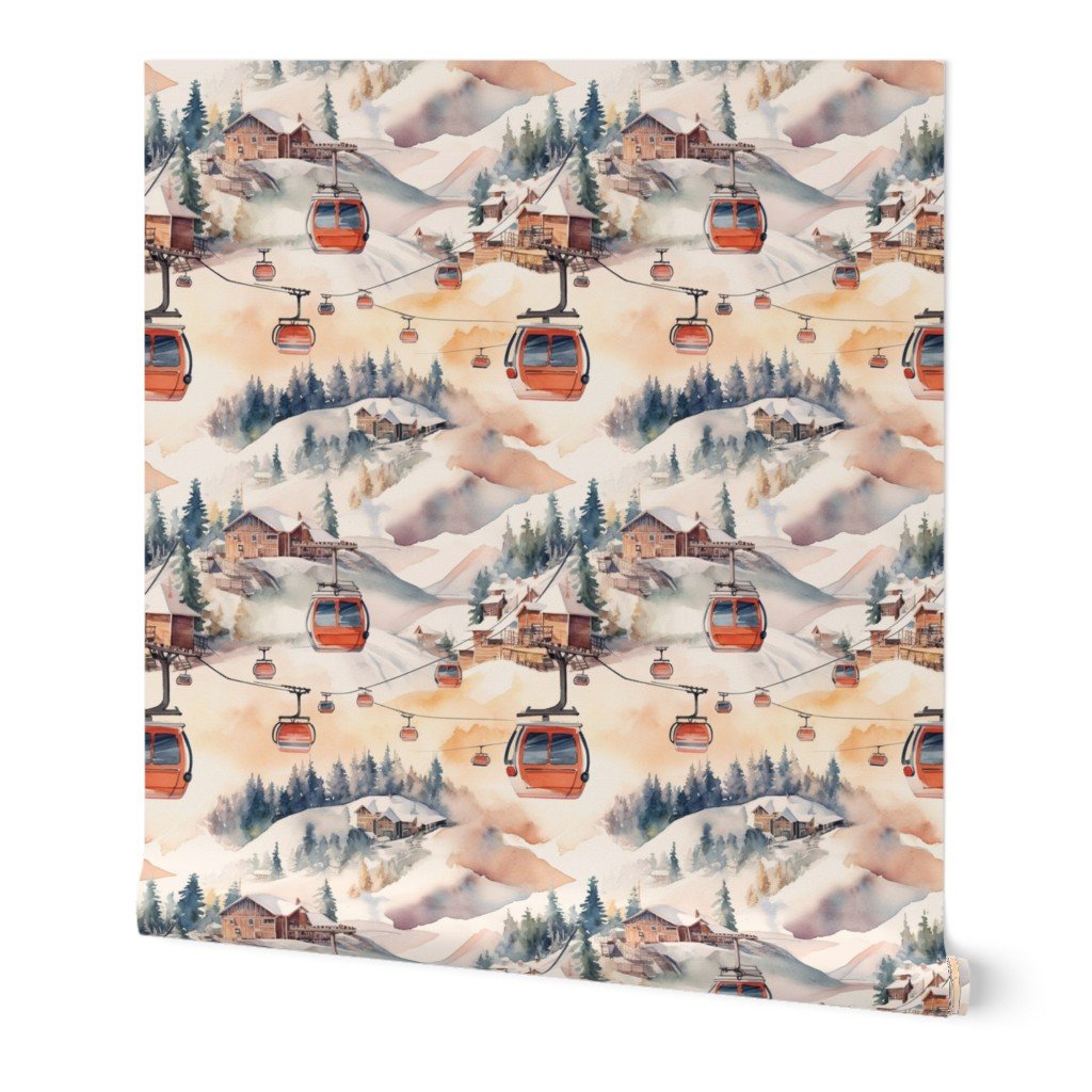 Vintage Ski Slope Cabins in Soft Pastels Wallpaper pastel ski slope wallpaper