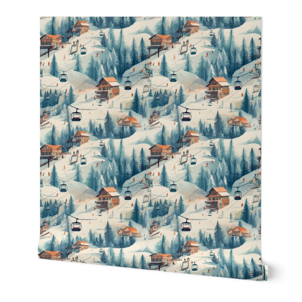 Vintage Ski Slope Cabins in Blue Woods Wallpaper ski print wallpaper