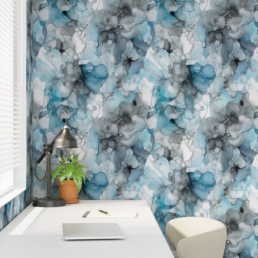 Dusk Blue Grey Alcohol Liquid Ink Swirls Wallpaper blue grey wallpaper