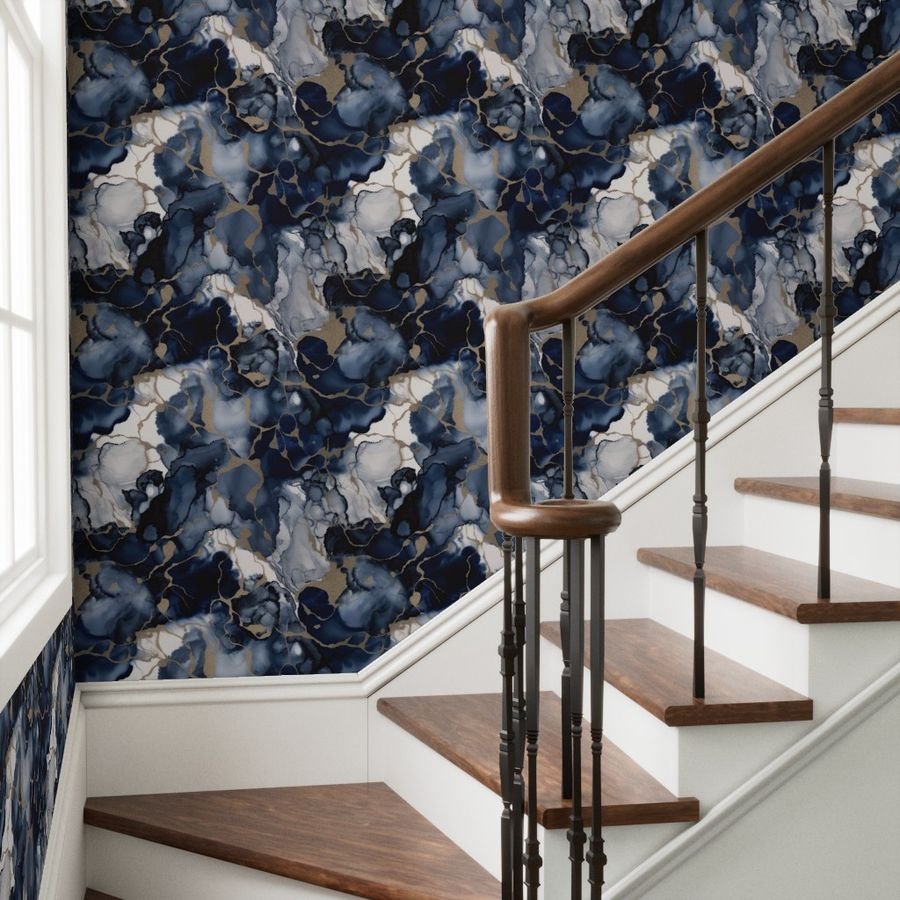 Twilight Navy Blue and Grey with Antique Gold Alcohol Ink Liquid Wallpaper liquid ink wallpaper