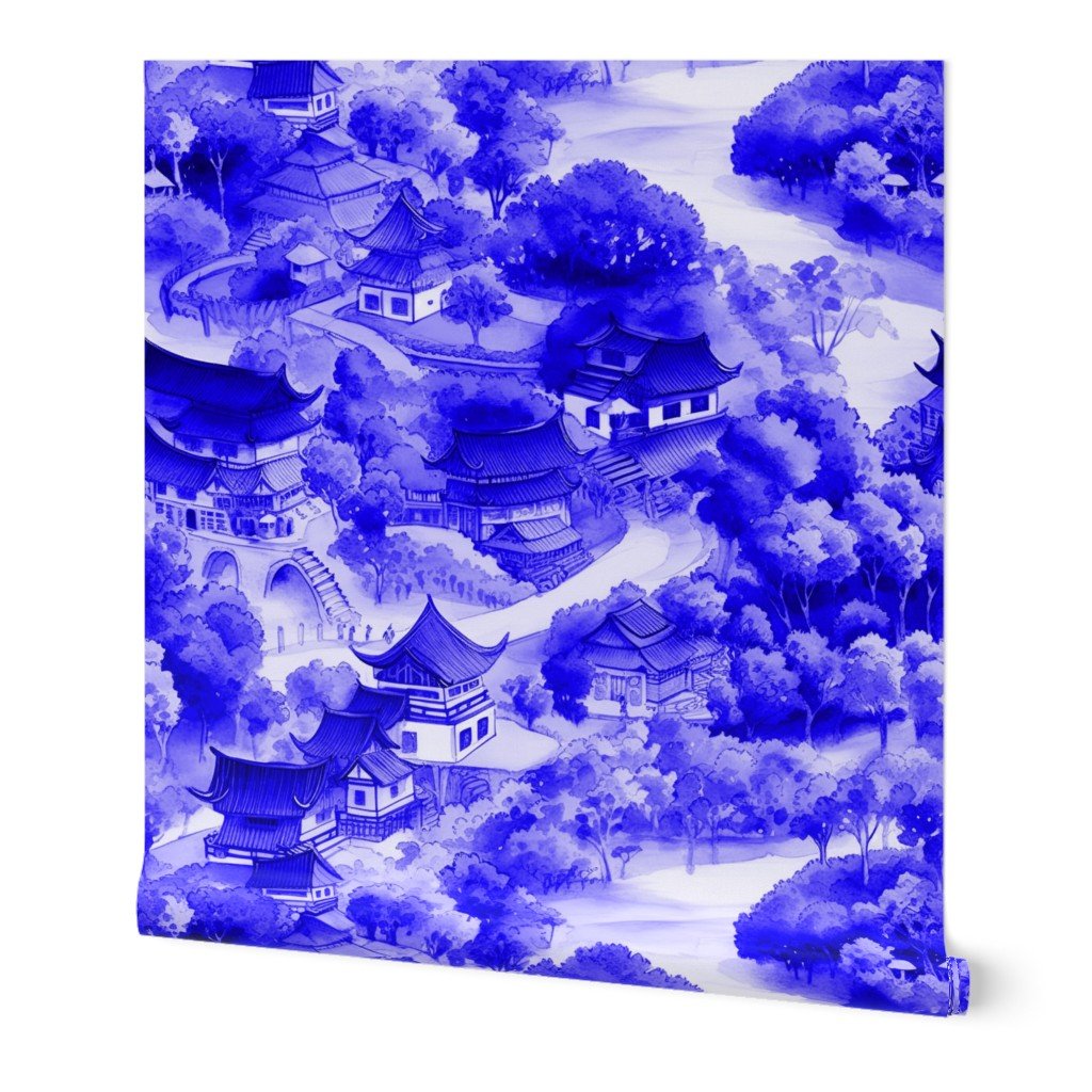 Small Chinese Village in Royal Blue Porcelain Glaze Wallpaper blue glaze wallpaper