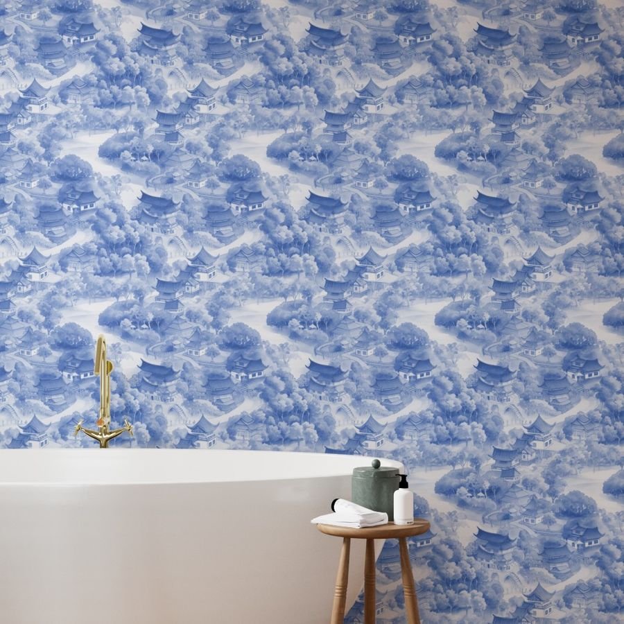 Small Chinese Village in Light Blue Porcelain Glaze Wallpaper blue porcelain wallpaper