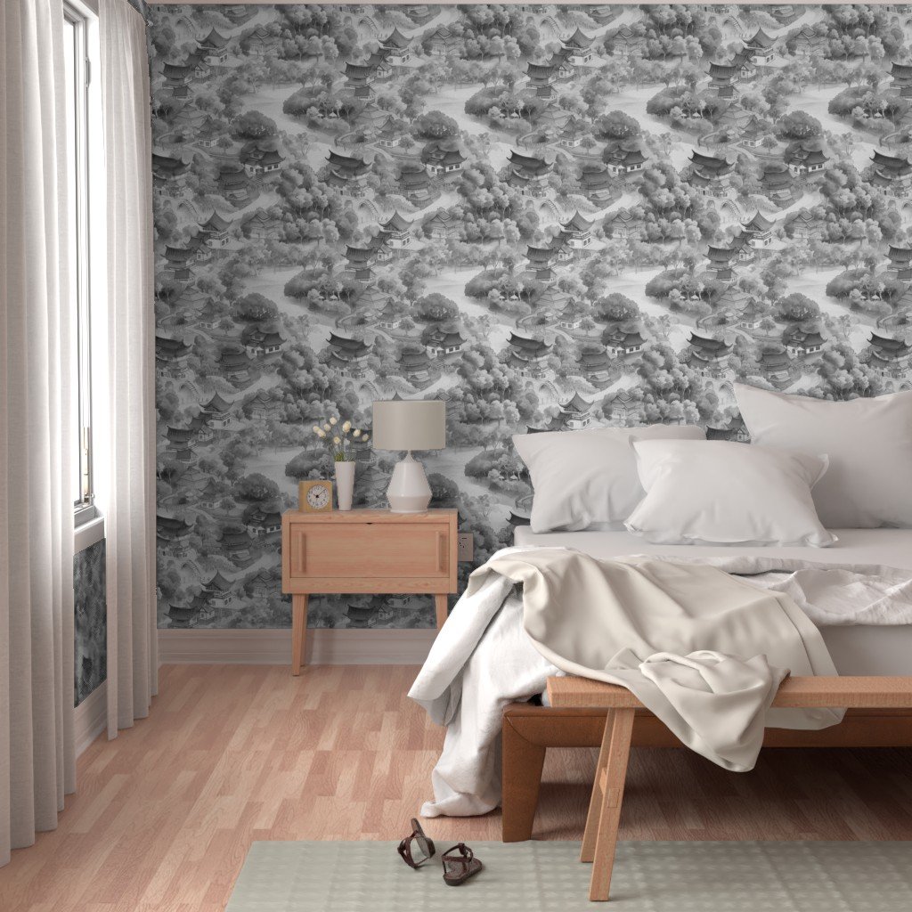 Small Chinese Village in Grey Porcelain Glaze Wallpaper chinese china wallpaper