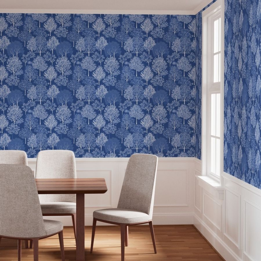 New England Endless Forest Trees Winter Light Blue Porcelain Glaze Wallpaper blue trees wallpaper