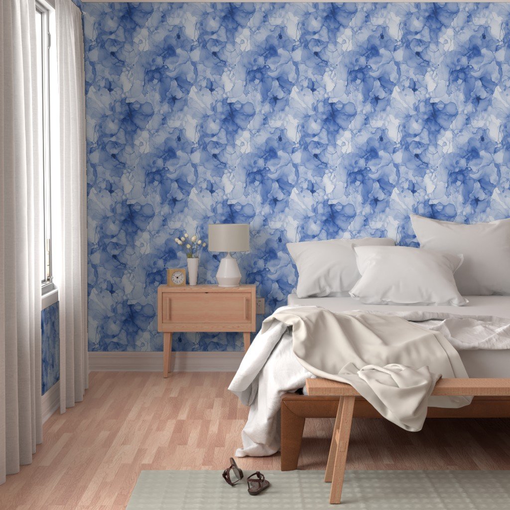 Alcohol Liquid Ink Swirls in Light Blue Porcelain Glaze Wallpaper alcohol blue wallpaper