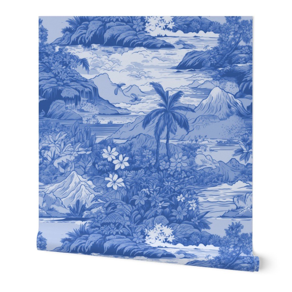 Vintage Hawaiian Landscape in Light Blue Porcelain Glaze Wallpaper hawaiian islands wallpaper