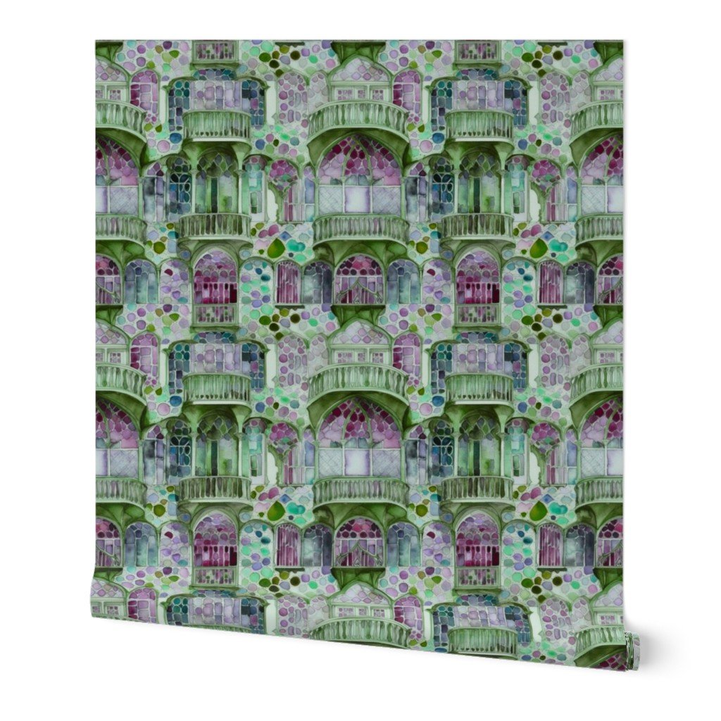 Barcelona House Architectural Detail in Windows Columns Arches and Wallpaper architectural elegan wallpaper
