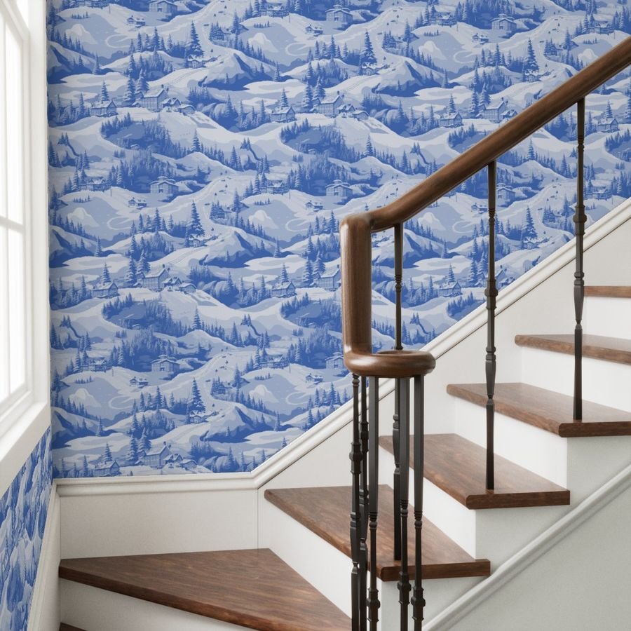Small Montana Winter Cabins Montana with Evergreens in Mid China Blue Wallpaper blue glaze wallpaper
