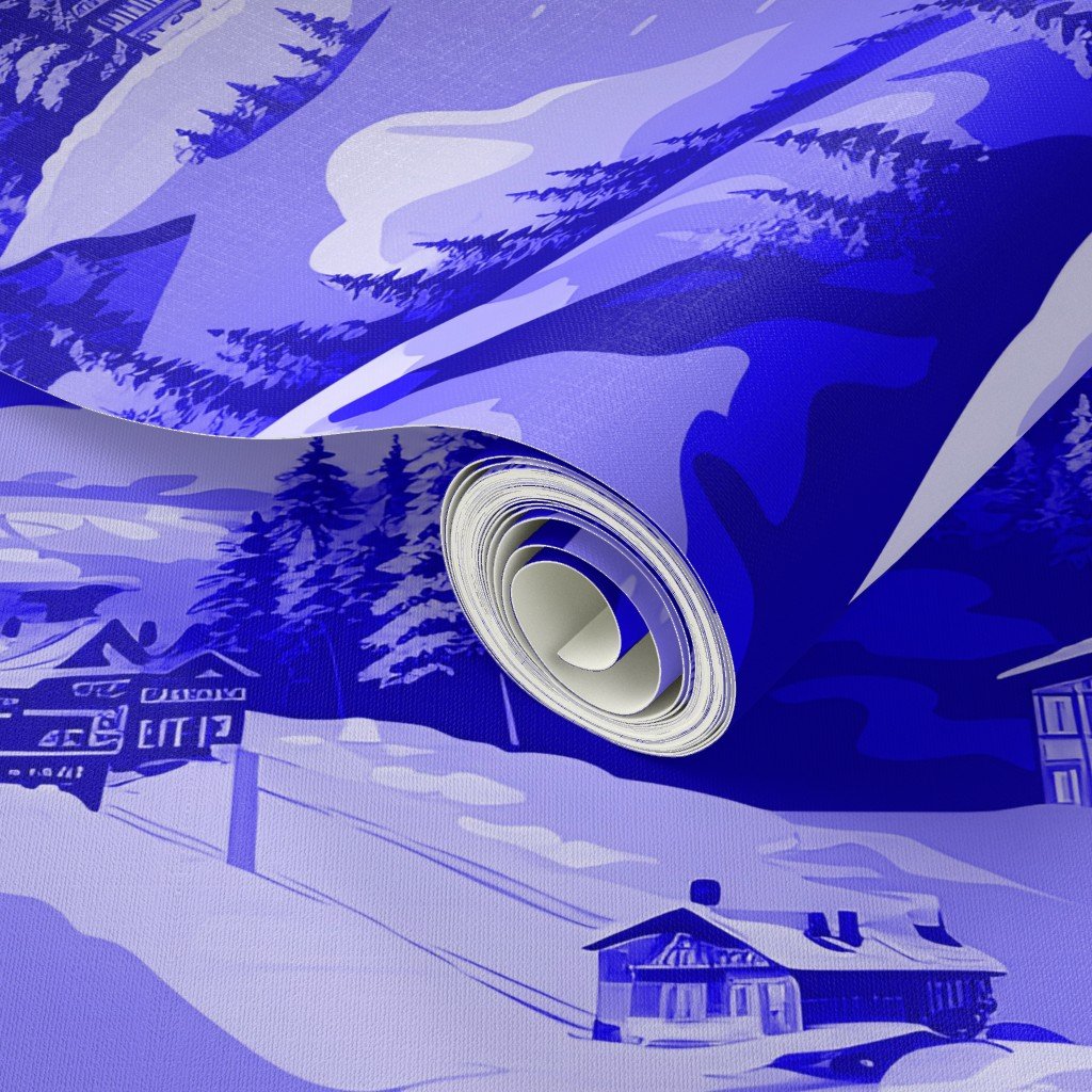 Small Montana Winter Cabins Montana with Evergreens in Royal China Wallpaper blue glaze wallpaper